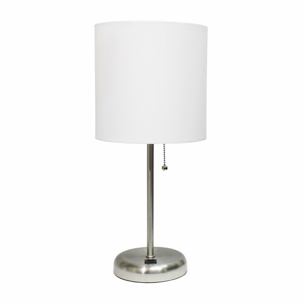 Creekwood Home Oslo 19.5in Contemporary USB Port Feature Metal Table Lamp, Brushed Steel, White Drum Fabric Shade CWT-2012-WH